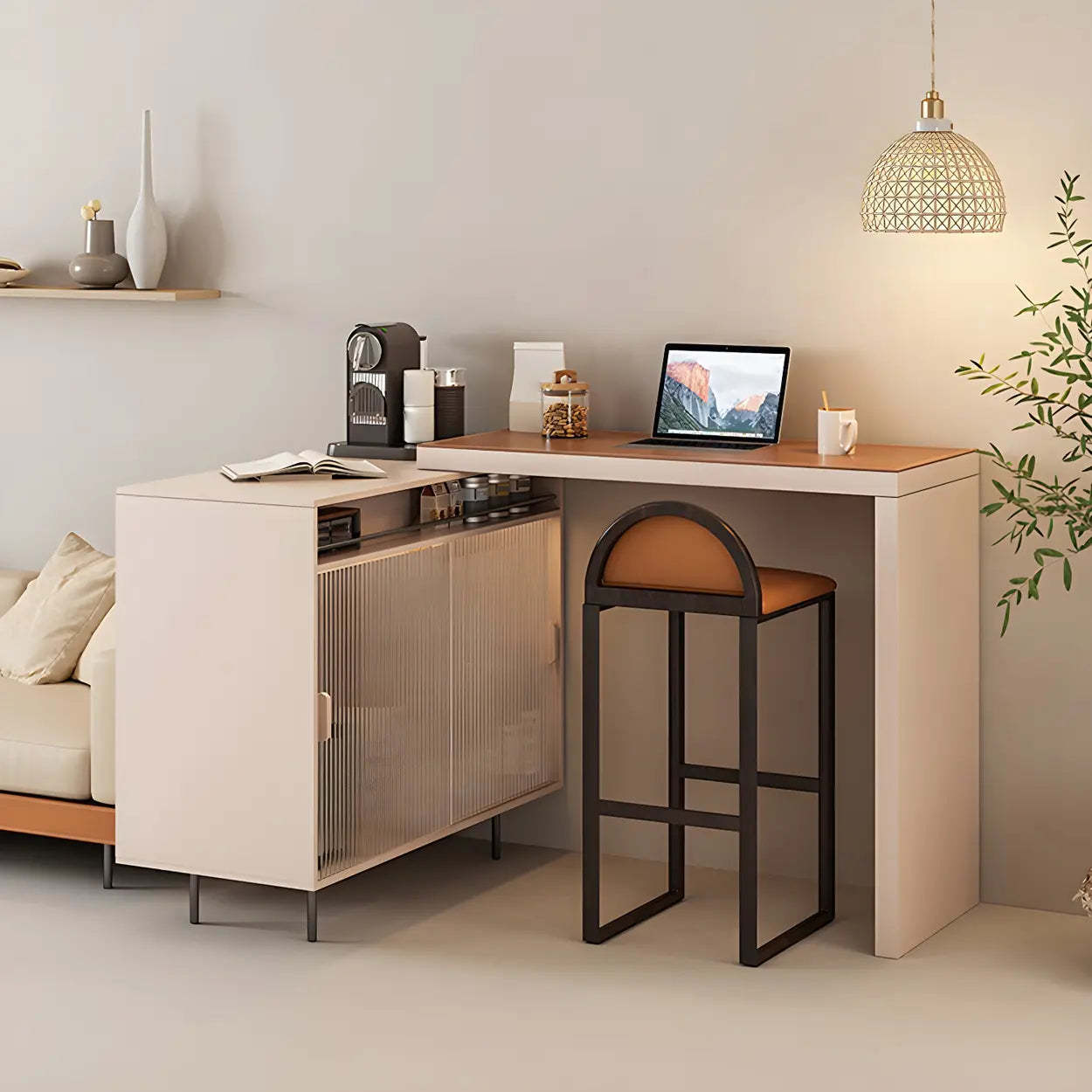 Modern L-Shaped Extendable Bar Table with Storage — Natural / Table Only