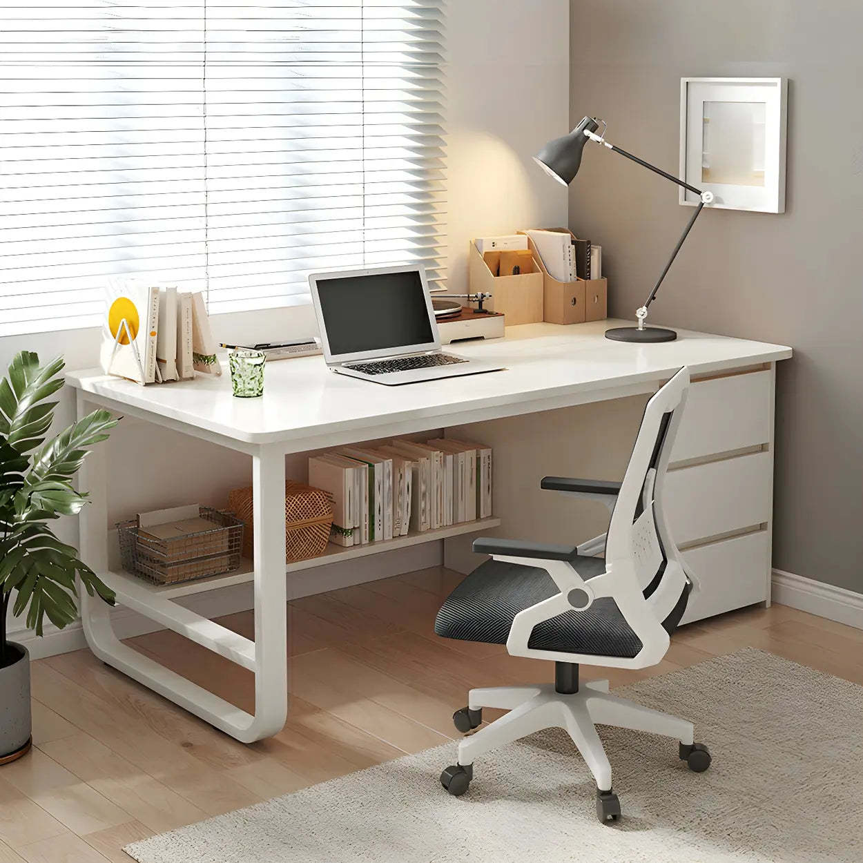 Modern L-Shaped White Wood Desk with Drawers — Ivory / Table Only