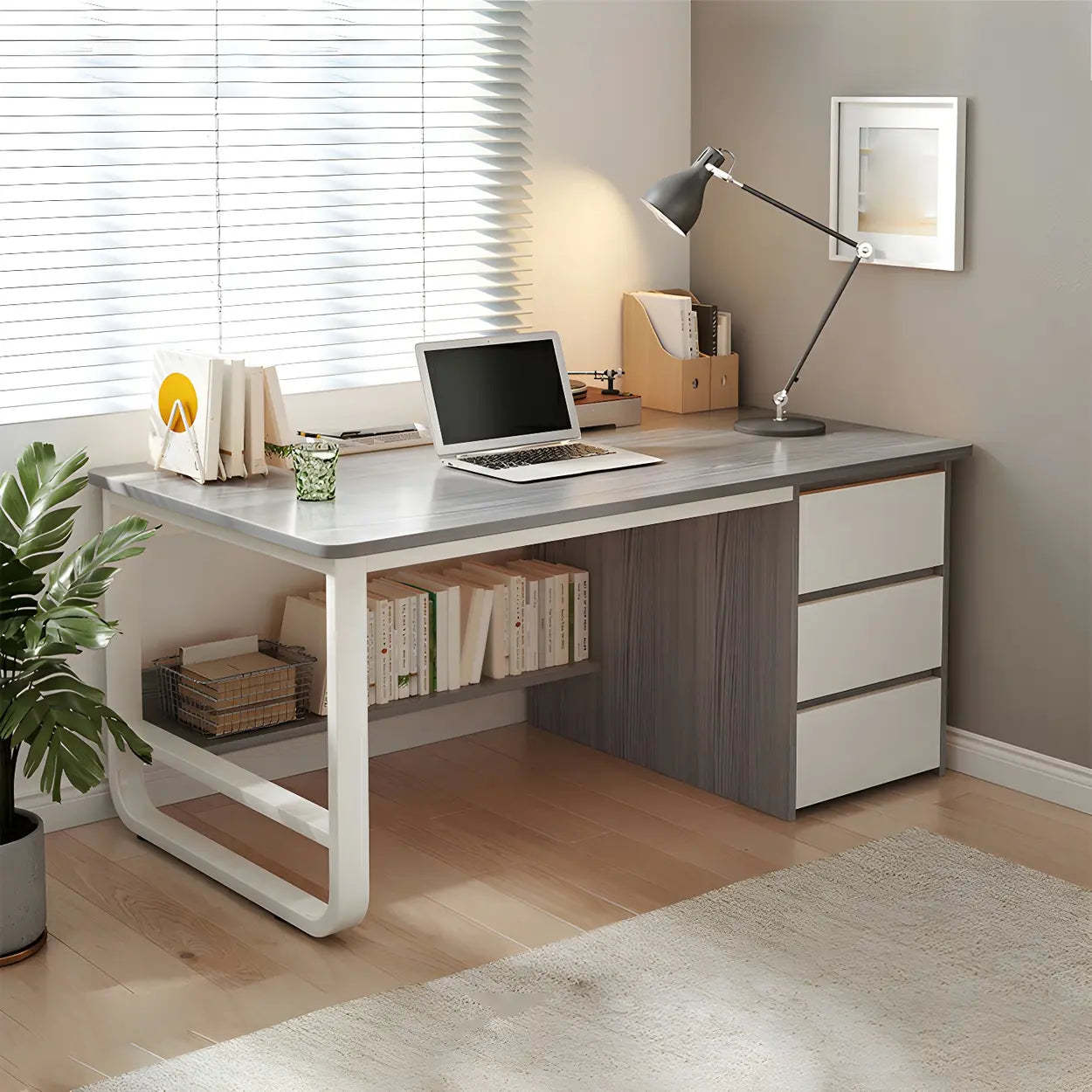 Modern L-Shaped White Wood Desk with Drawers — Oak / Table Only