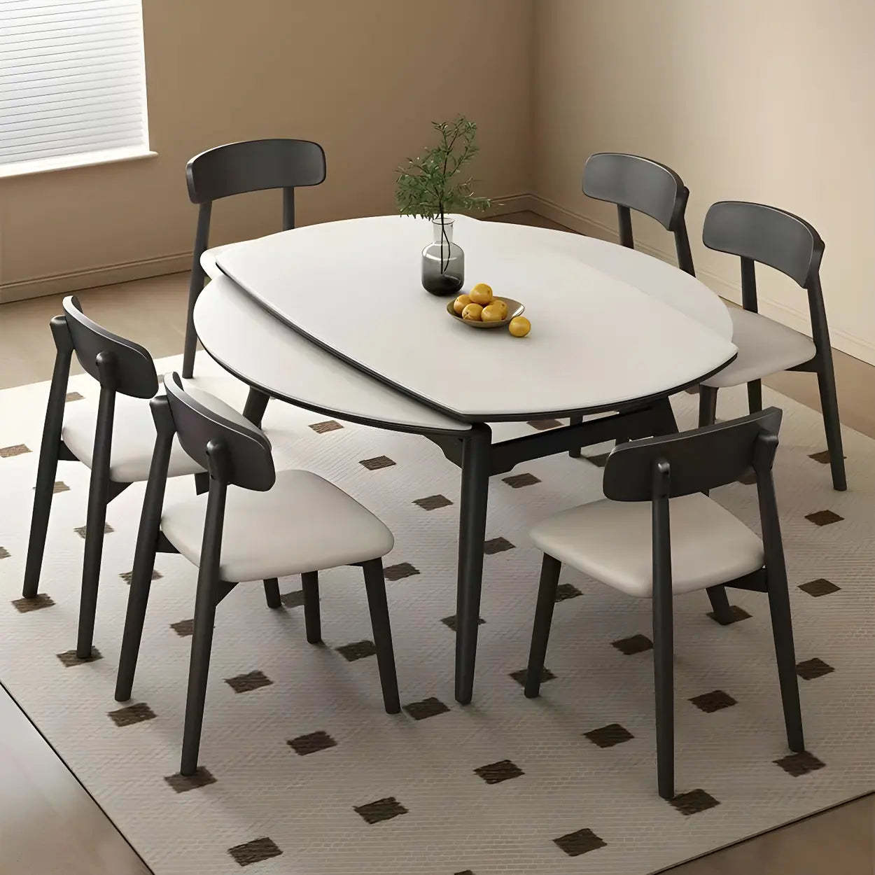 Modern Extendable Round White Stone Dining Table — Without Chairs / Black