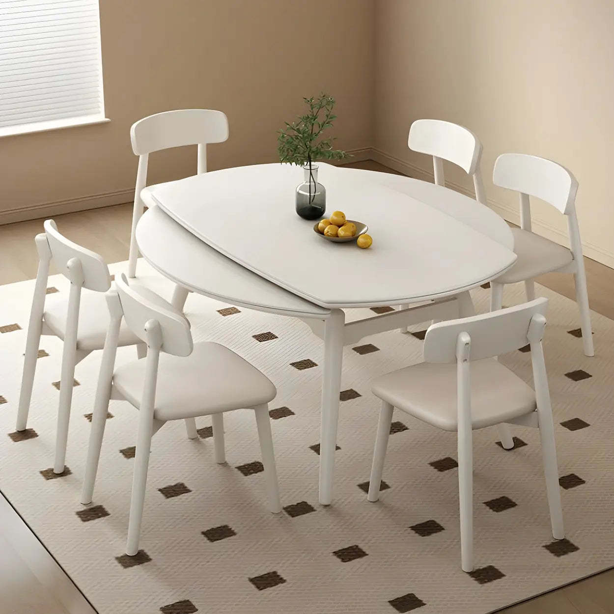 Modern Extendable Round White Stone Dining Table — Without Chairs / Walnut