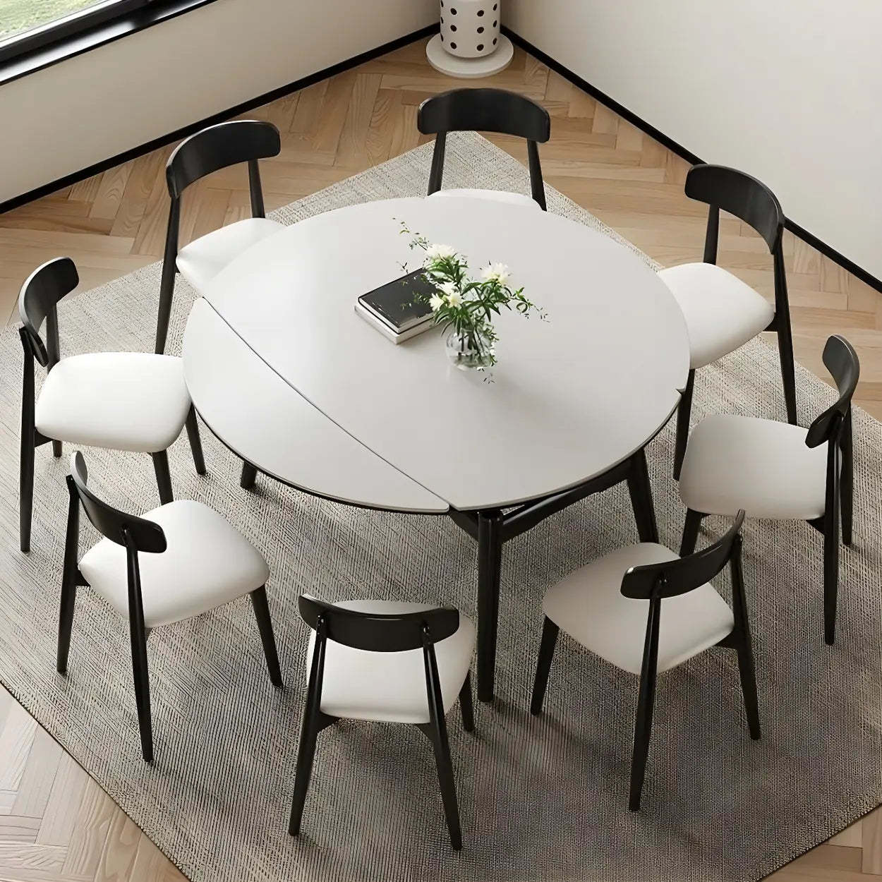 Modern Extendable Round White Stone Dining Table — Without Chairs / Black