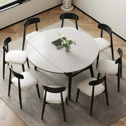 Modern Extendable Round White Stone Dining Table — Without Chairs / Black
