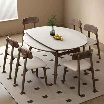 Modern Extendable Round White Stone Dining Table — Without Chairs / Walnut
