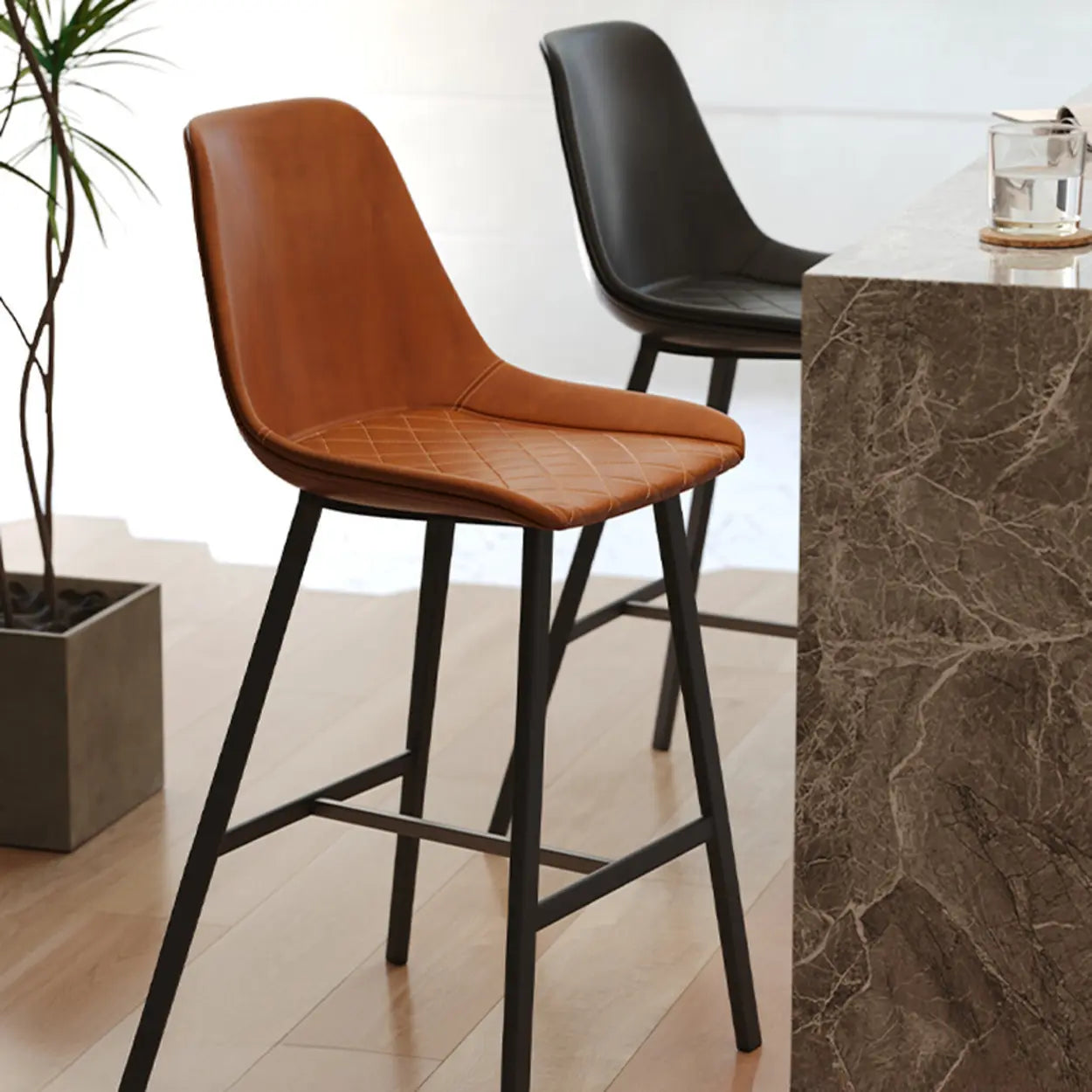 Modern Leather Counter Bar Stool with High Back