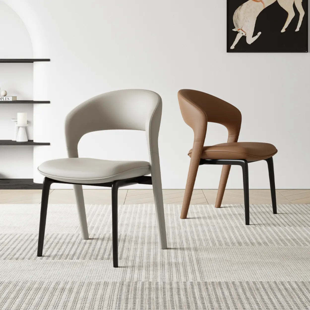 Modern Leather Ergonomic Curved-Back Dining Chair — Black / Genuine Leather