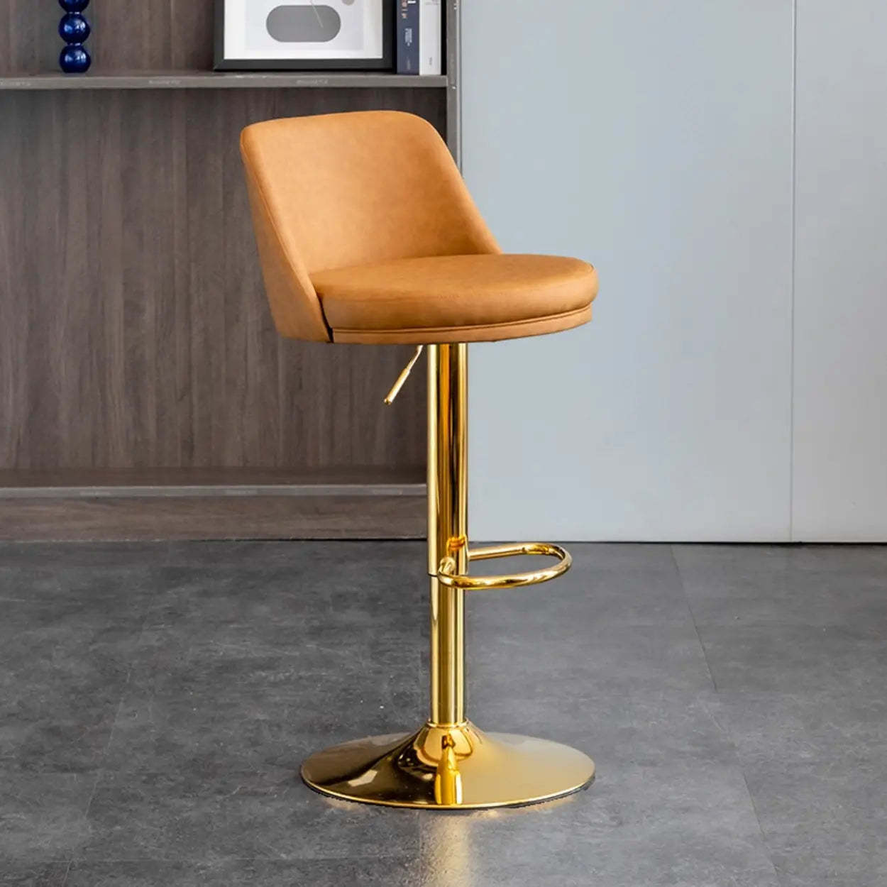 Modern Leather Swivel Bar Stool with Footrest — Gold / Brown