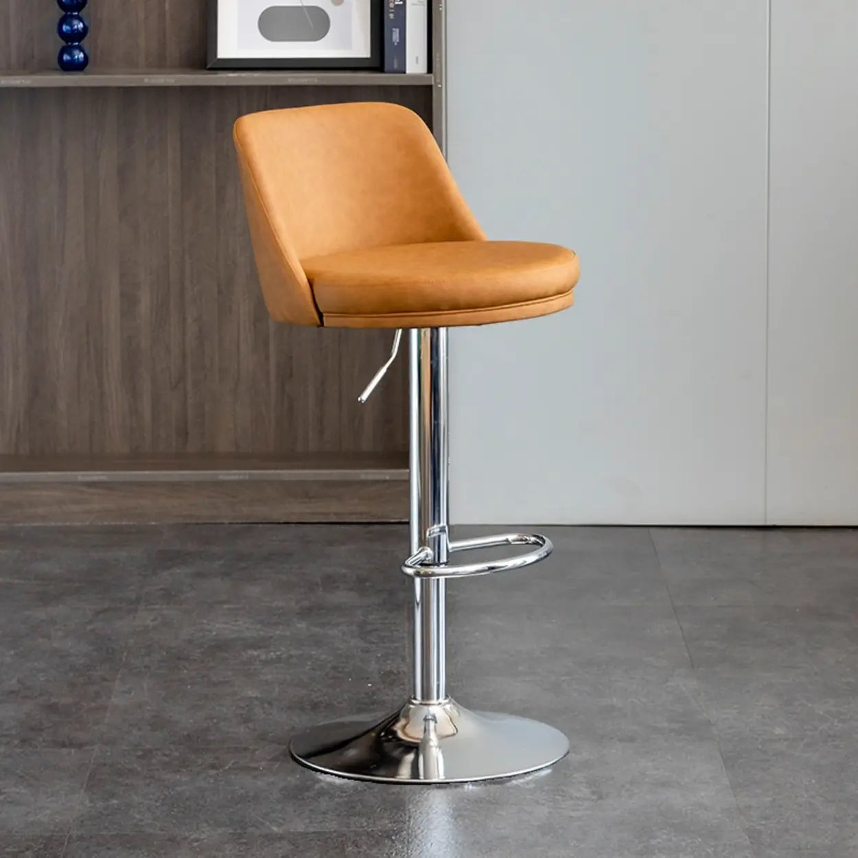 Modern Leather Swivel Bar Stool with Footrest — Silver / Orange