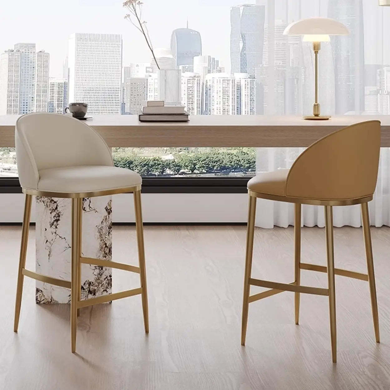 Modern Leather Padded Low Back Counter Bar Stool — Beige