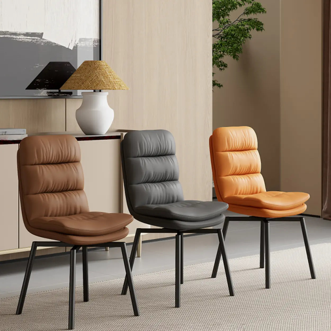 Modern Leather Padded Swivel Dining Chair — Black