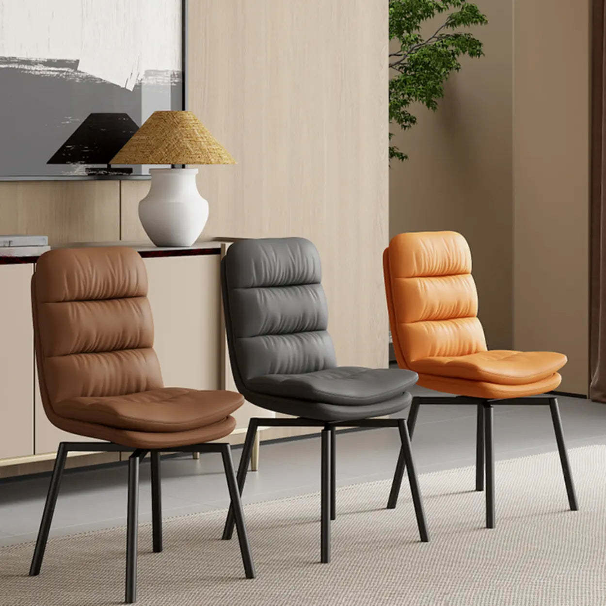 Modern Leather Padded Swivel Dining Chair — Black