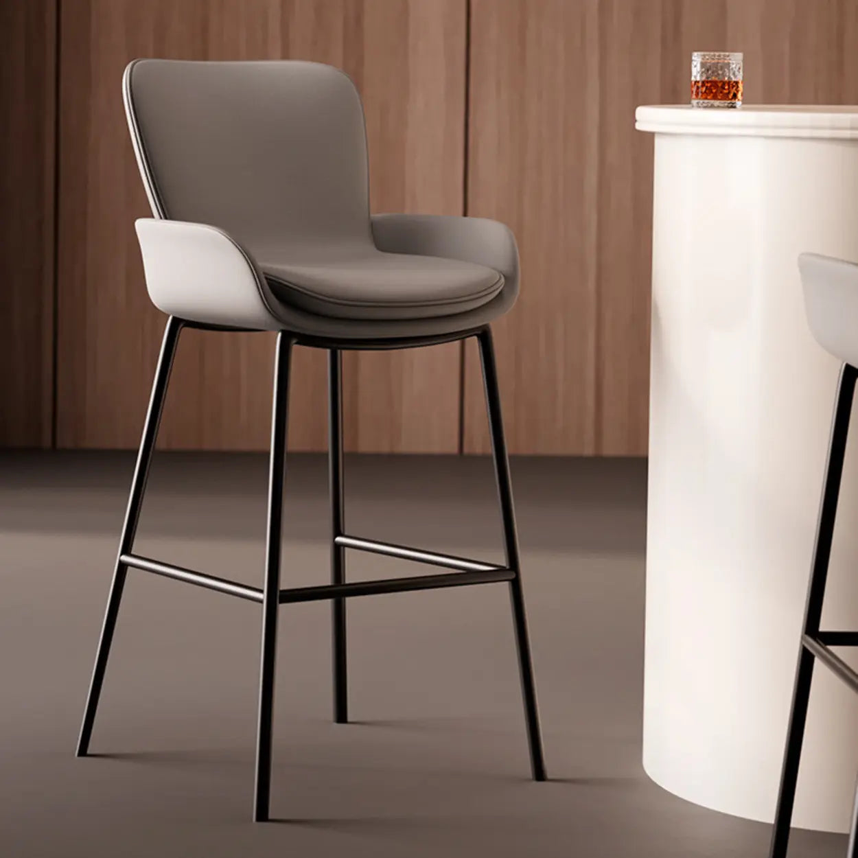 Modern Leather Bar Stool with Arm Footrest — Black