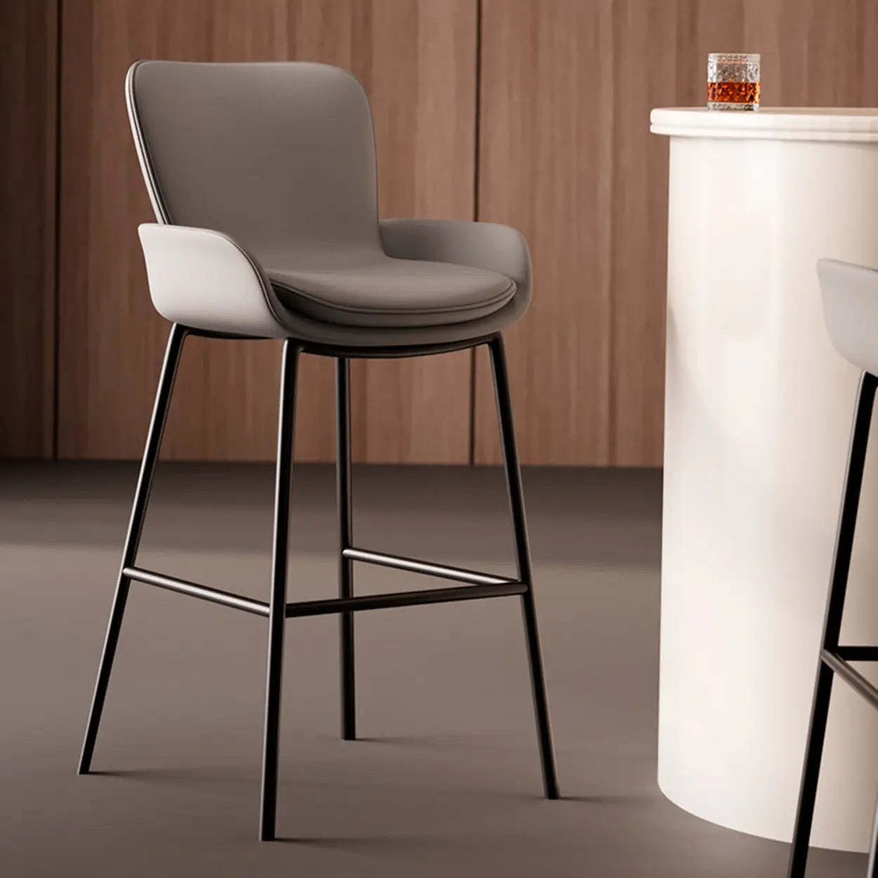 Modern Leather Bar Stool with Arm Footrest — Black