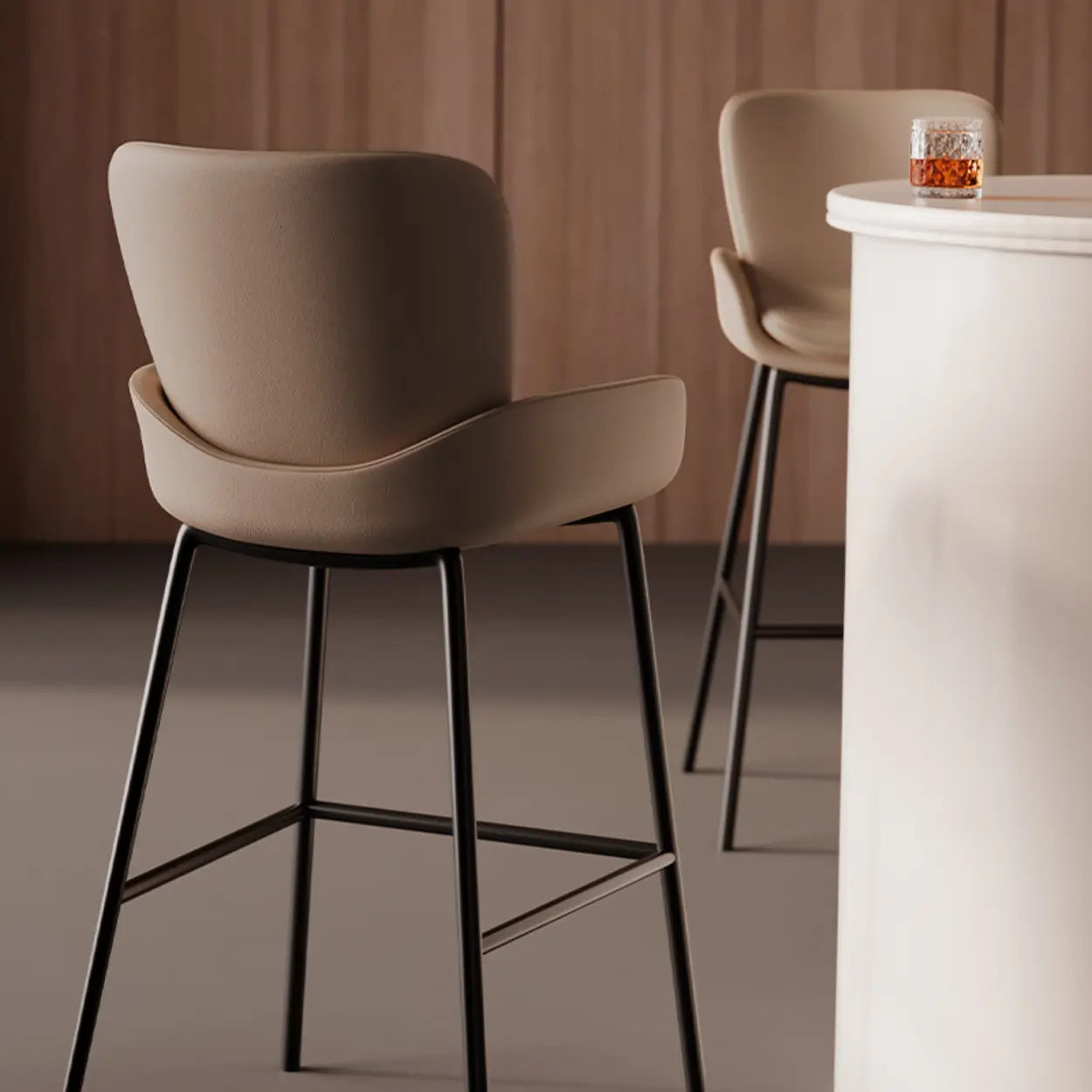 Modern Leather Bar Stool with Arm Footrest — off-white