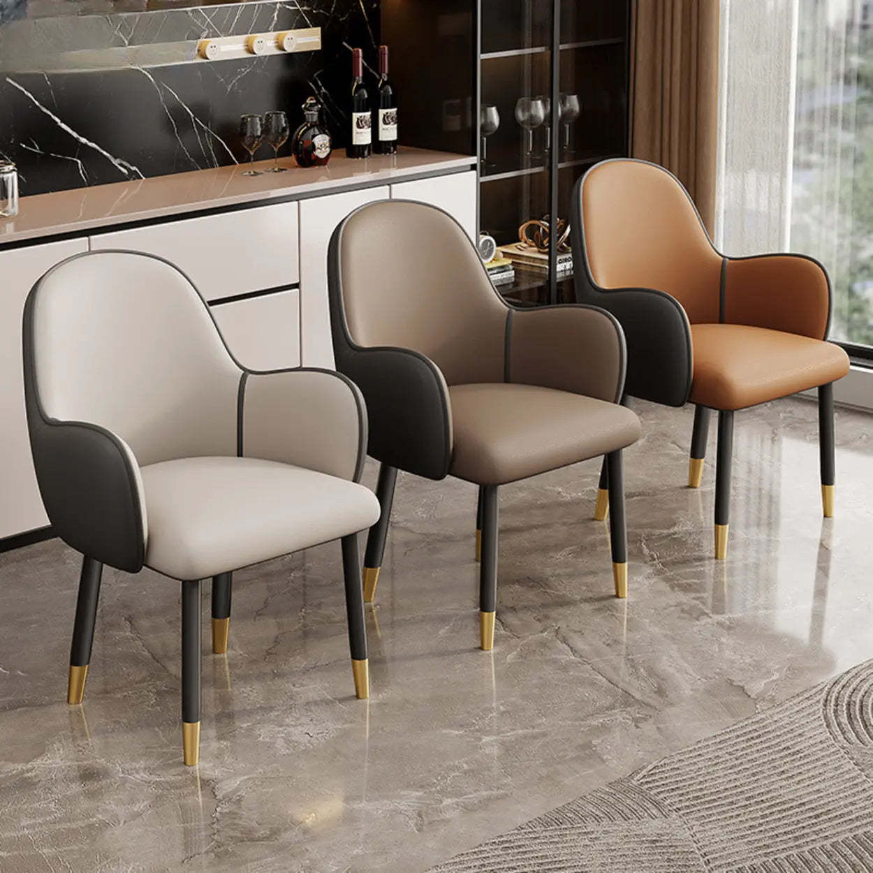 Modern Leather Dining Chair with Armrests — Light Grey / Black