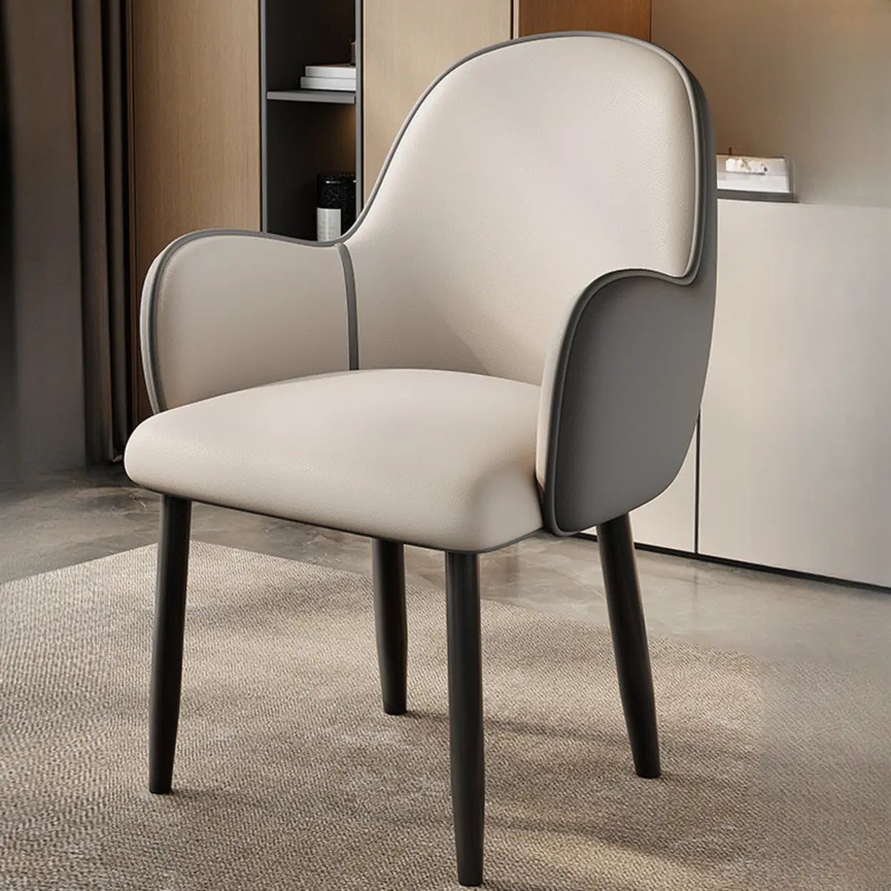 Modern Leather Dining Chair with Armrests — Light Grey / Black/ Gold