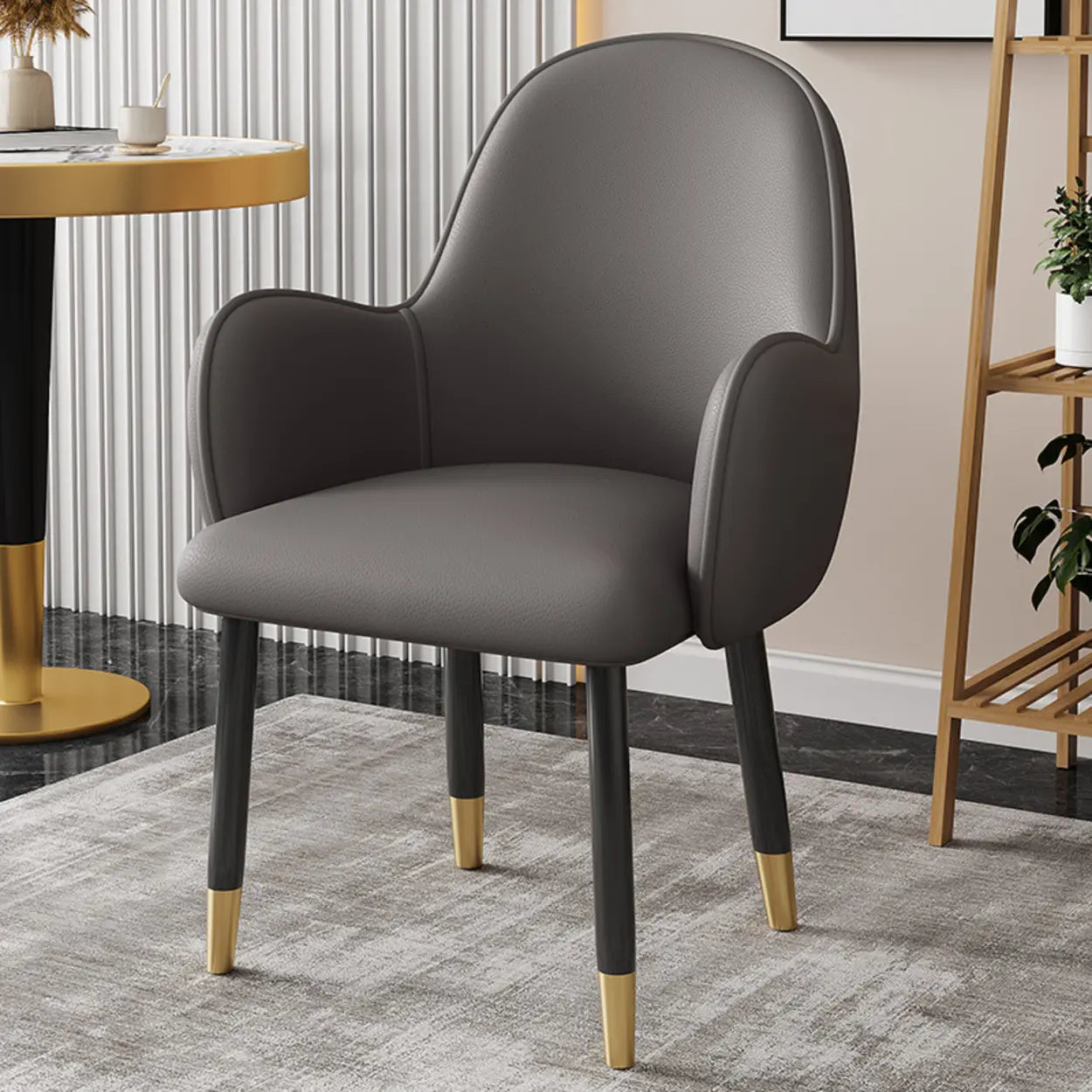Modern Leather Dining Chair with Armrests — Dark Gray / Brown / Black/ Gold