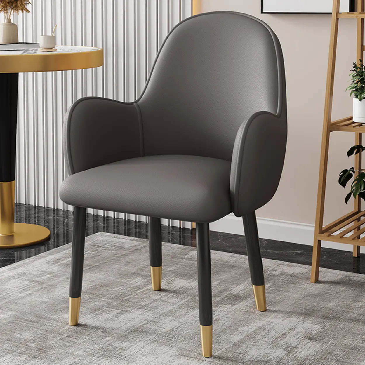 Modern Leather Dining Chair with Armrests — Dark Gray / Brown / Black/ Gold