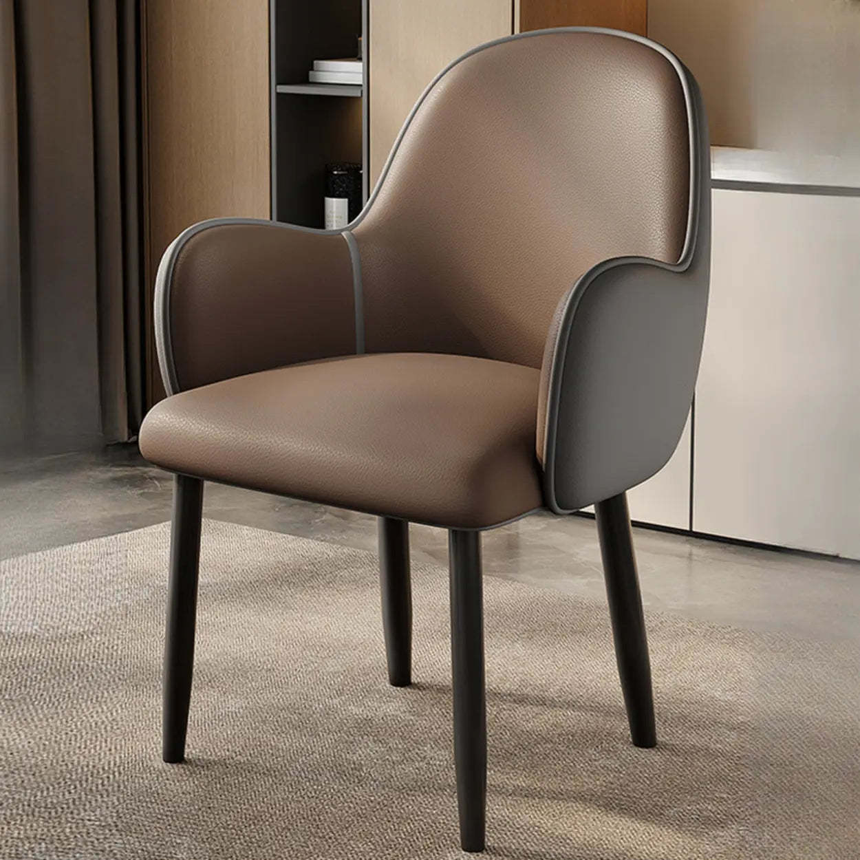 Modern Leather Dining Chair with Armrests — Dark Gray / Black