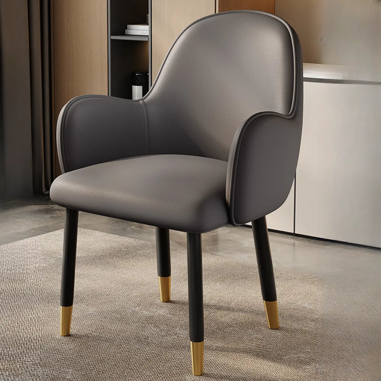 Modern Leather Dining Chair with Armrests — Dark Gray/ Orange / Black