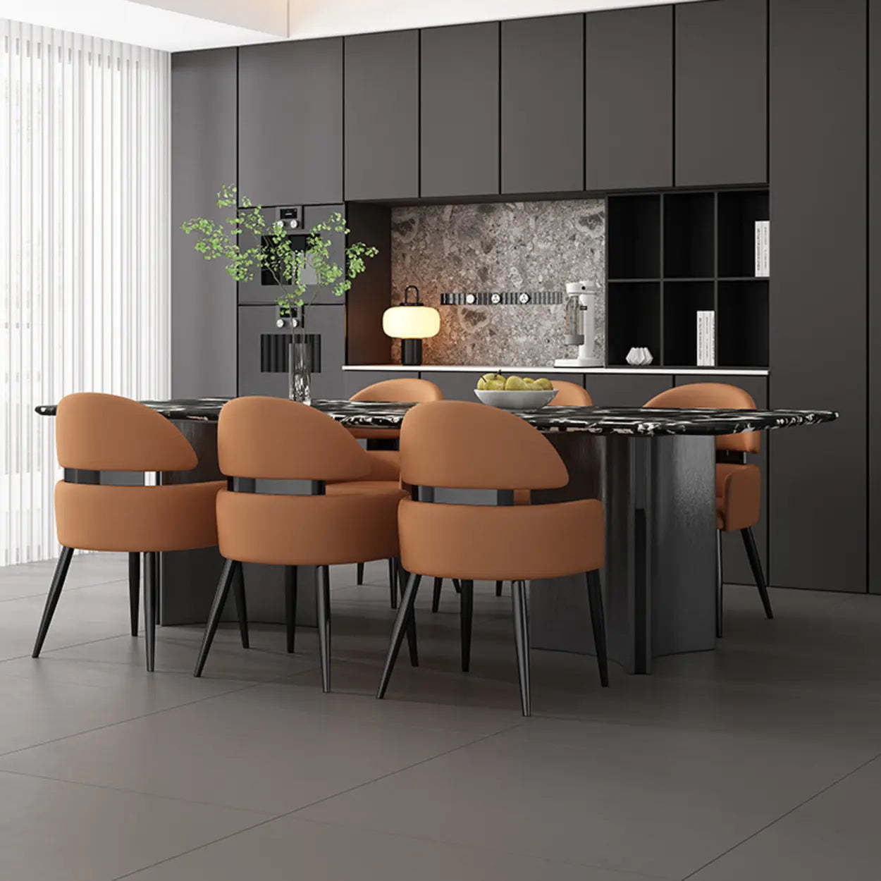 Modern Leather Dining Chair with Arms — Brown