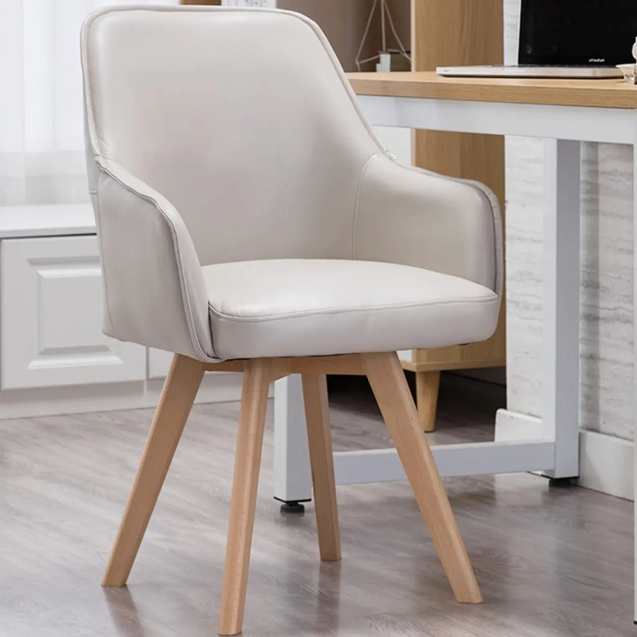 Modern Leather Swivel Dining Chair with Wood Legs — White