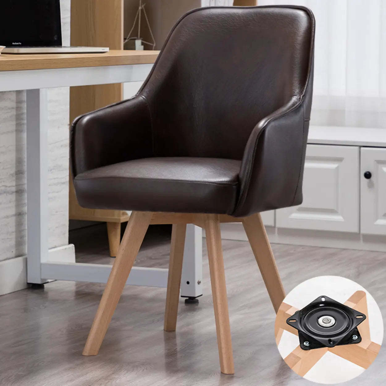 Modern Leather Swivel Dining Chair with Wood Legs