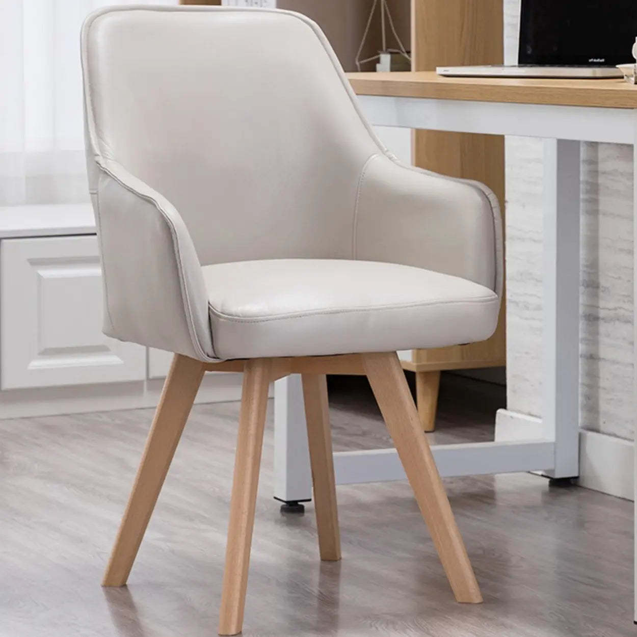 Modern Leather Swivel Dining Chair with Wood Legs — White
