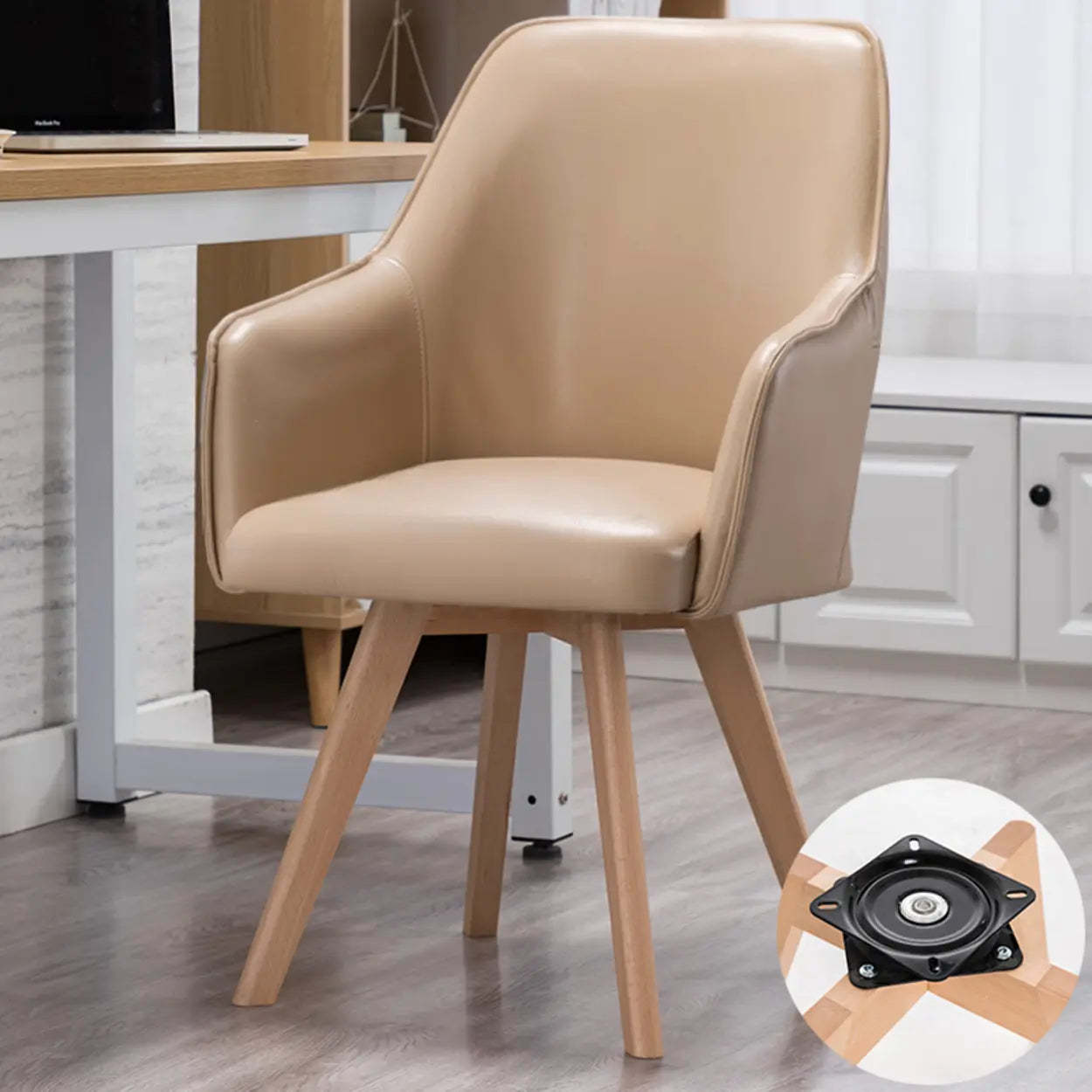 Modern Leather Swivel Dining Chair with Wood Legs — Coffee