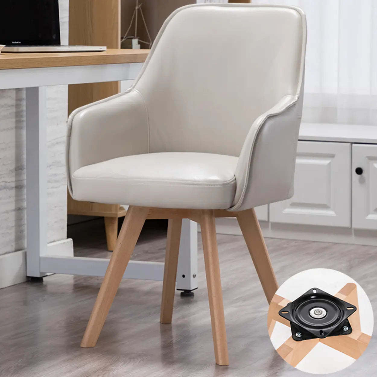 Modern Leather Swivel Dining Chair with Wood Legs — Khaki