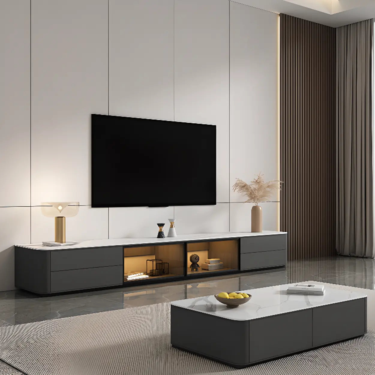 Modern LED TV Stand with Glass Cabinet Doors