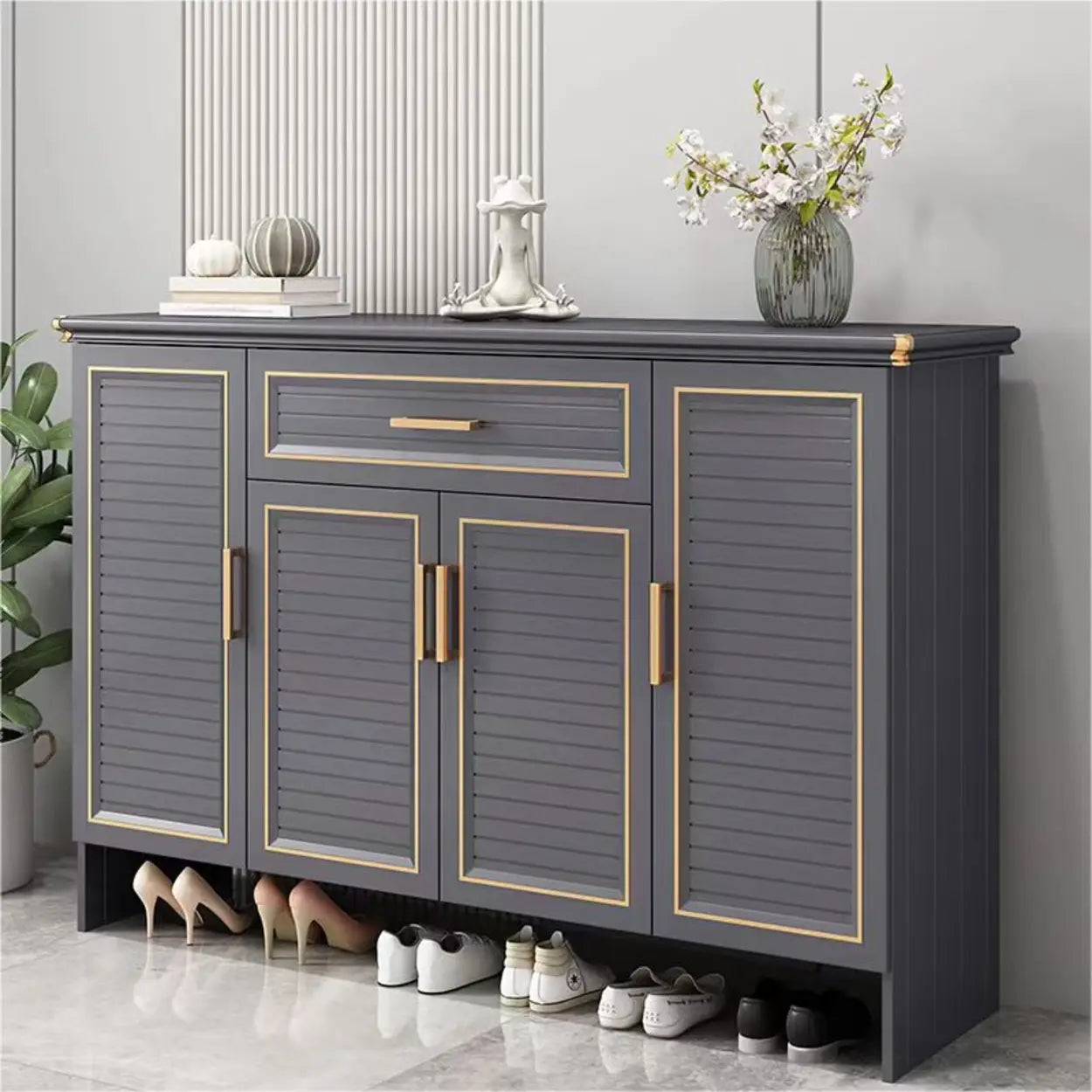 Modern Gray Louver Wood Shoe Cabinet