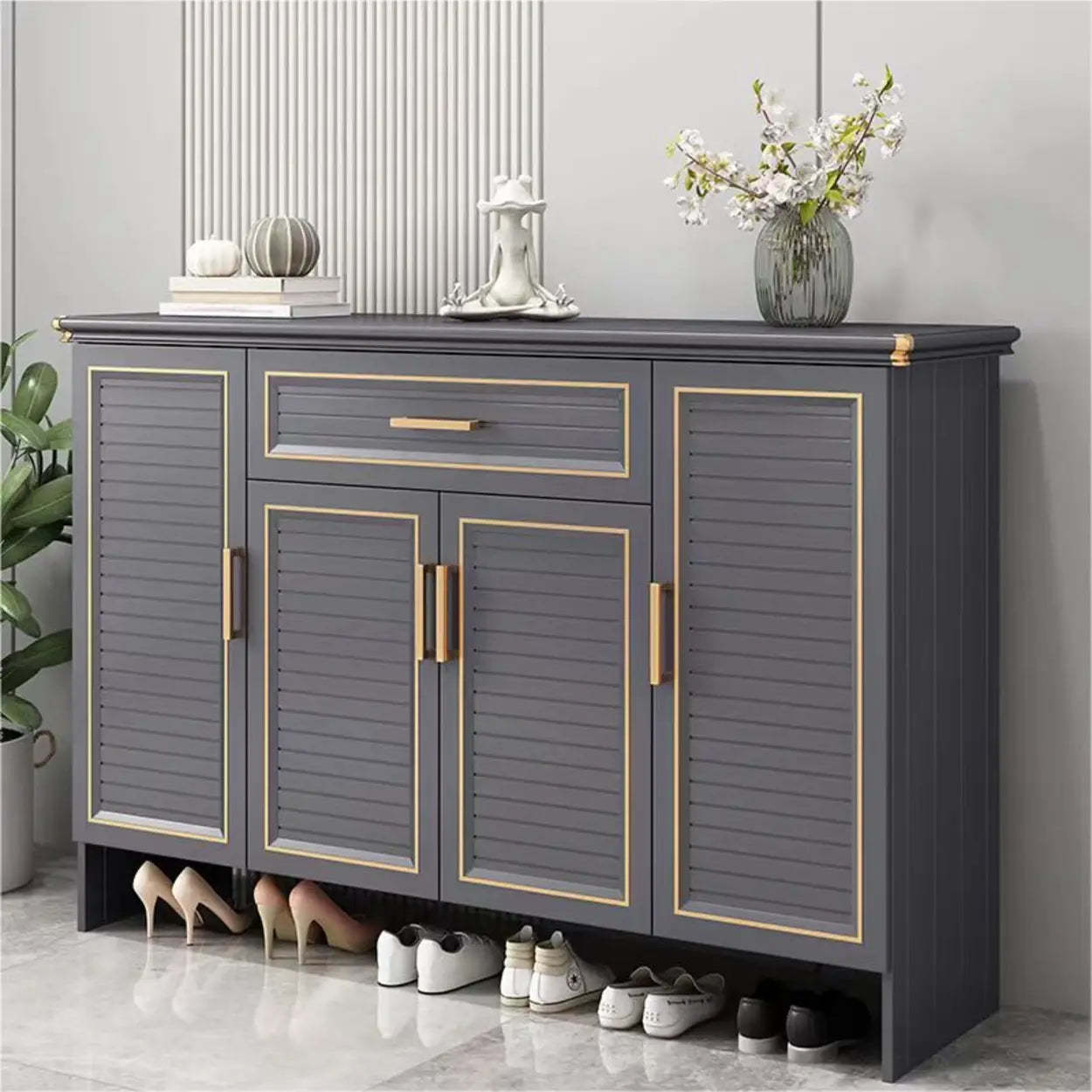 Modern Gray Louver Wood Shoe Cabinet