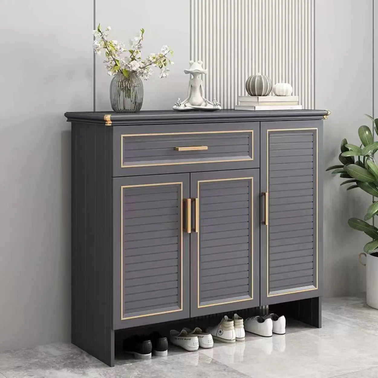 Modern Gray Louver Wood Shoe Cabinet