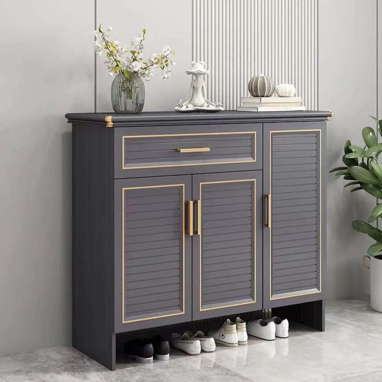 Modern Gray Louver Wood Shoe Cabinet