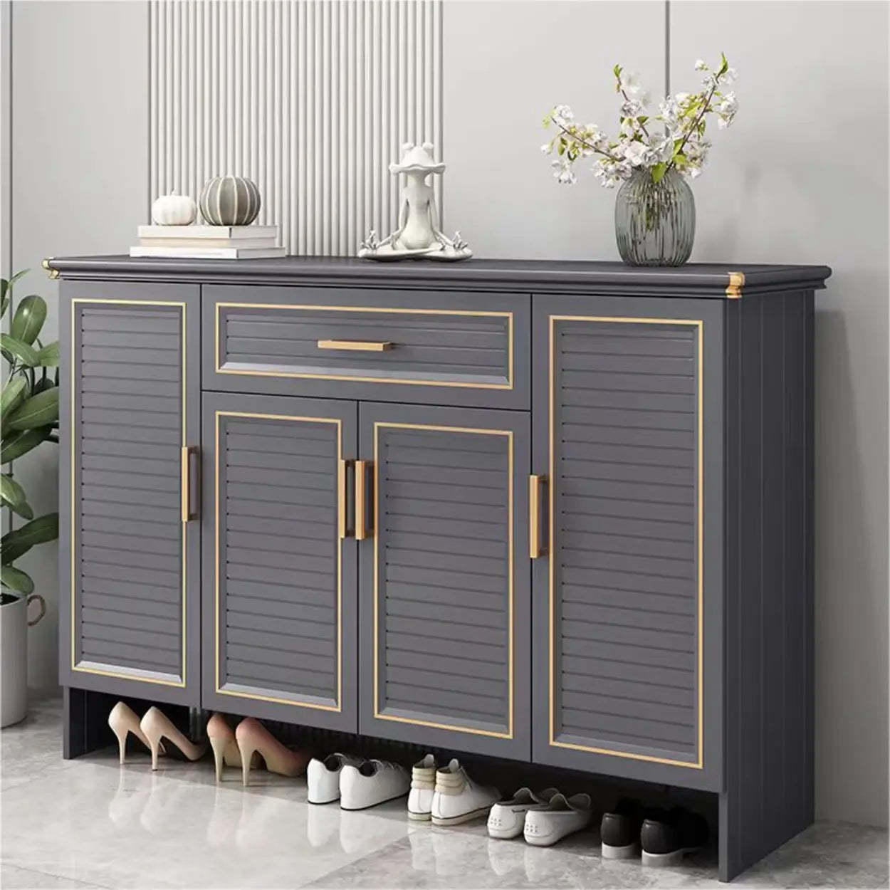 Modern Gray Louver Wood Shoe Cabinet