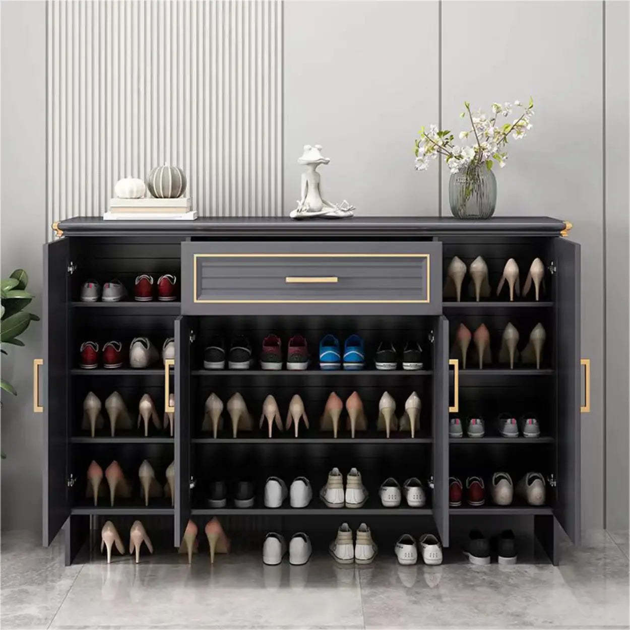 Modern Gray Louver Wood Shoe Cabinet