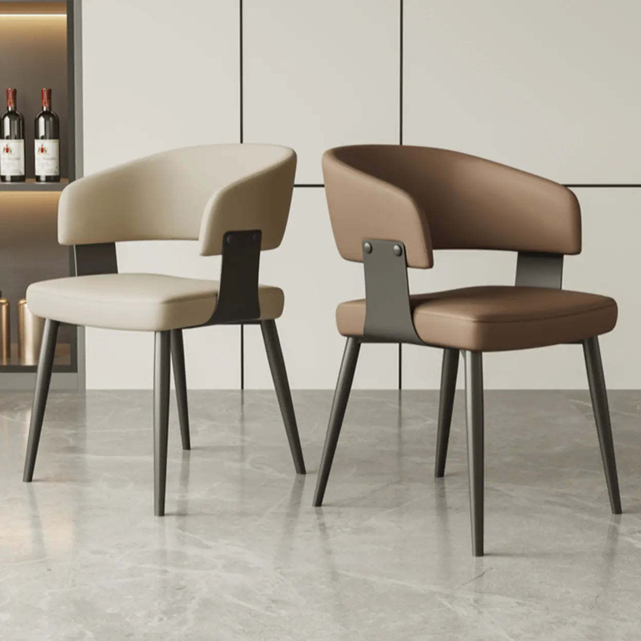 Modern Low Back Leather Dining Chair with Metal Legs — Dark Coffee