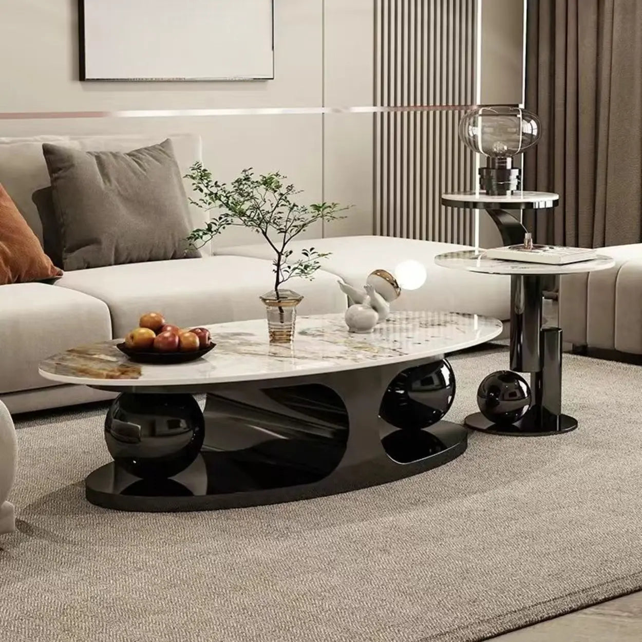 Modern Luxury Oval Stone Coffee Table — Black