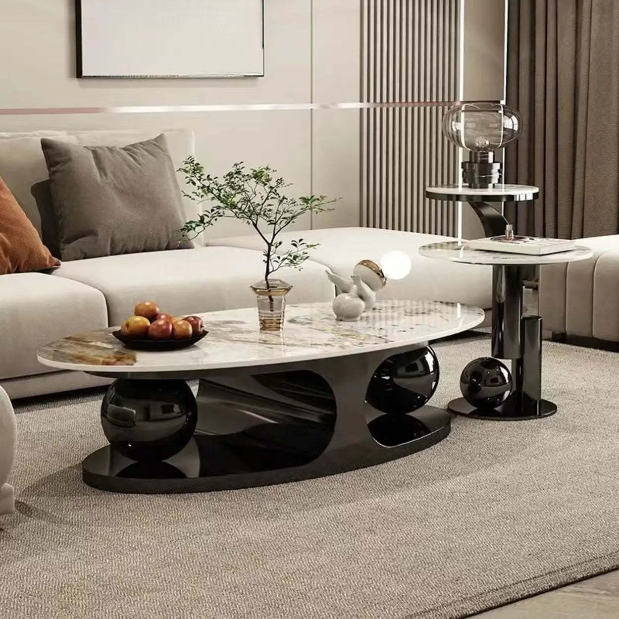 Modern Luxury Oval Stone Coffee Table — Black