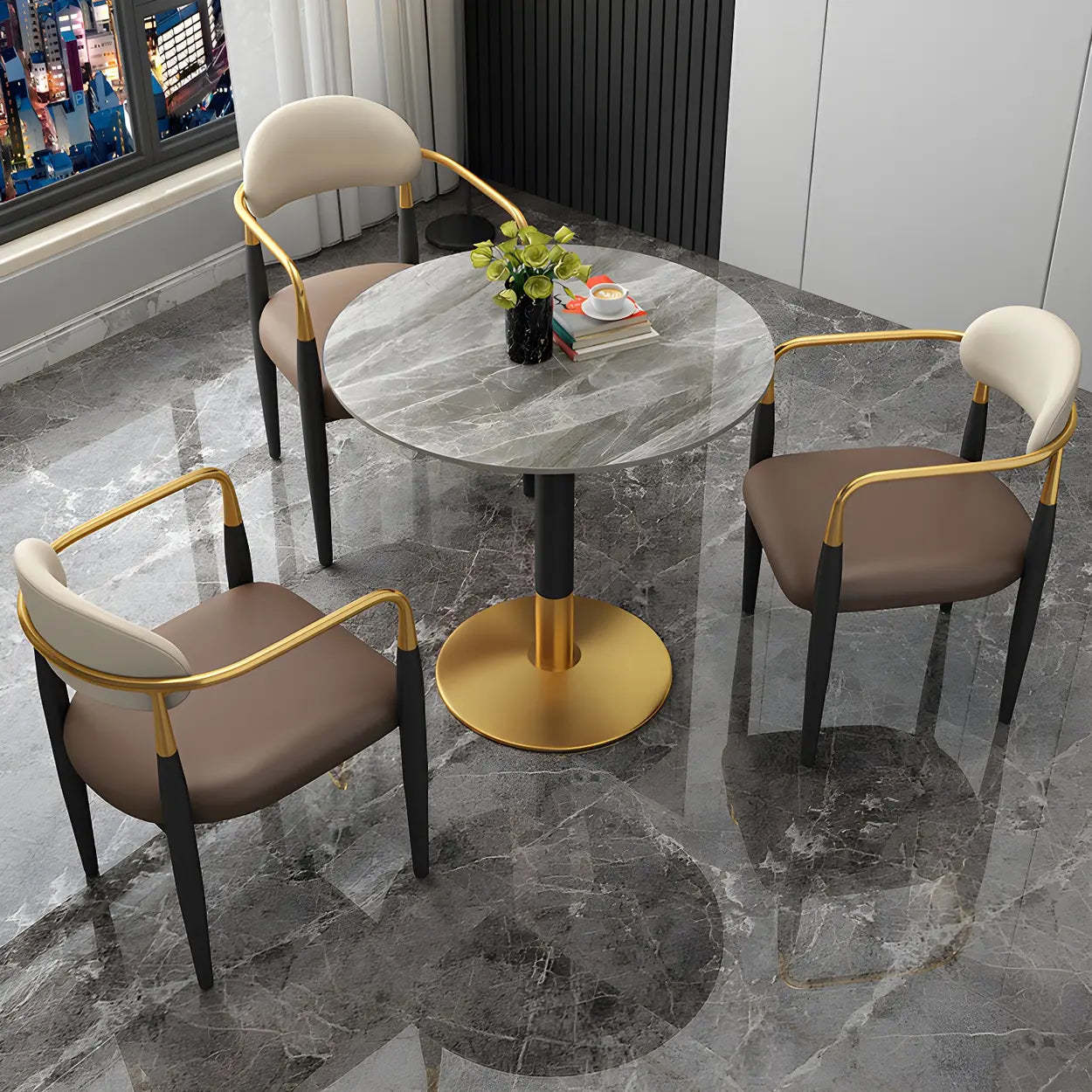 Gray stone round scratch-resistant dining tables - luxury — 23.6"L x 23.6"W x 29.5"H / White