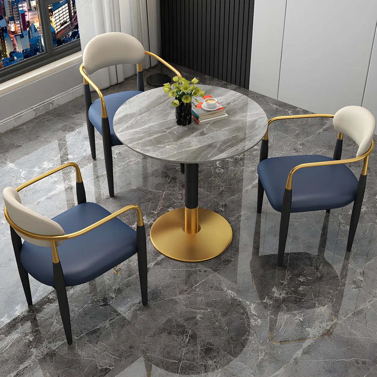 Lighom luxury scratch-resistant round stone dining tables — 23.6"L x 23.6"W x 29.5"H / White & Gold
