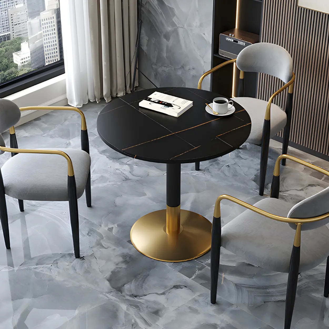 Luxury scratch-resistant round gray dining tables — 27.6"L x 27.6"W x 29.5"H / White & Gold