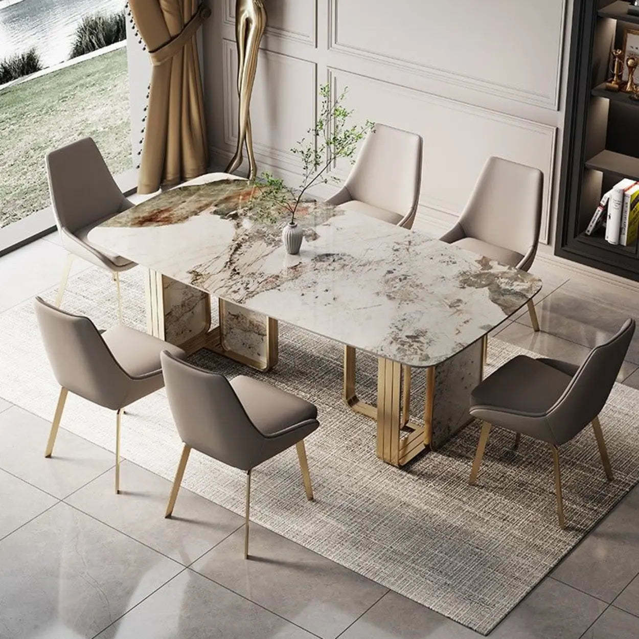 Modern Luxury Stone Gold Pedestal Dining Table — Table Only