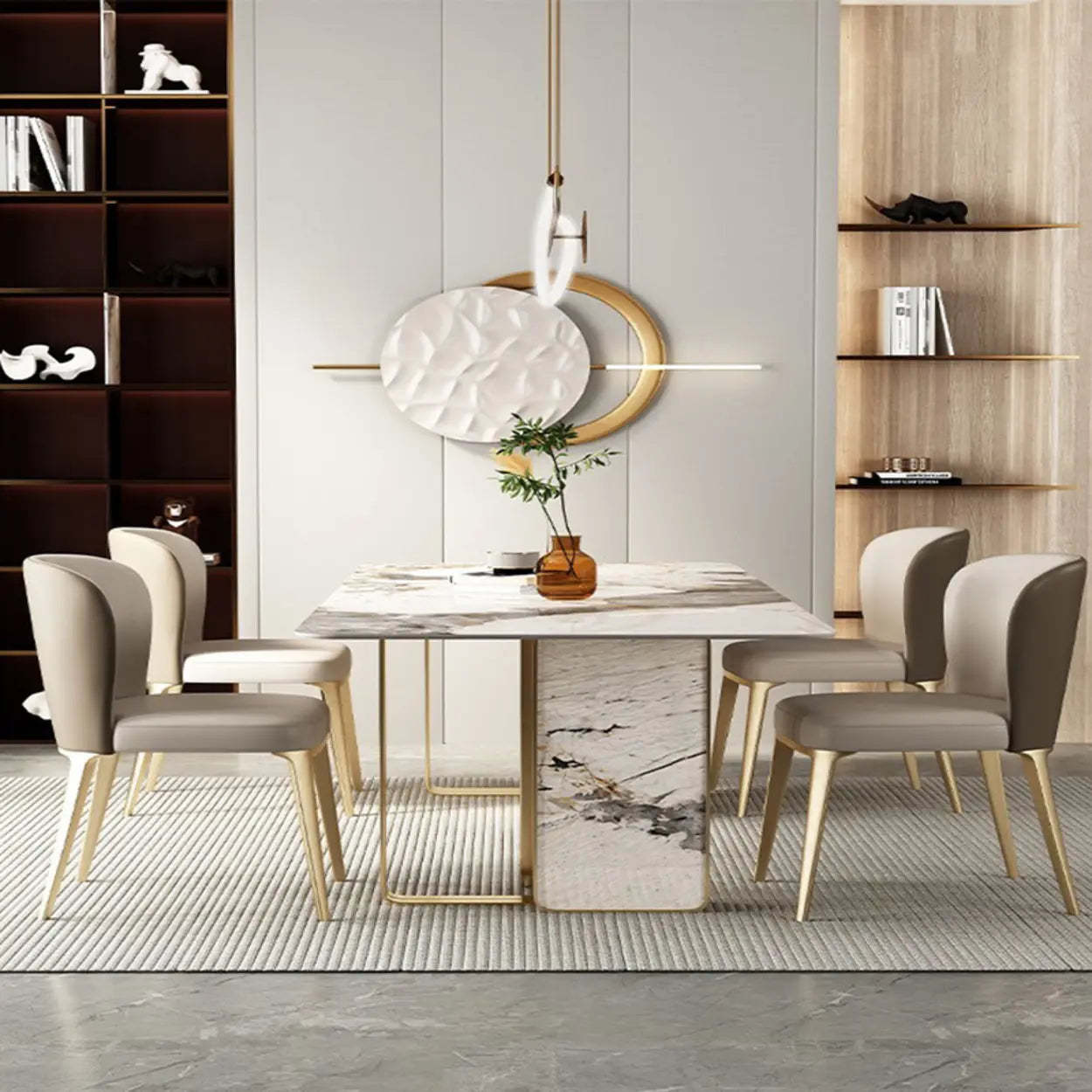 Modern Luxury Stone Gold Pedestal Dining Table — Table Only