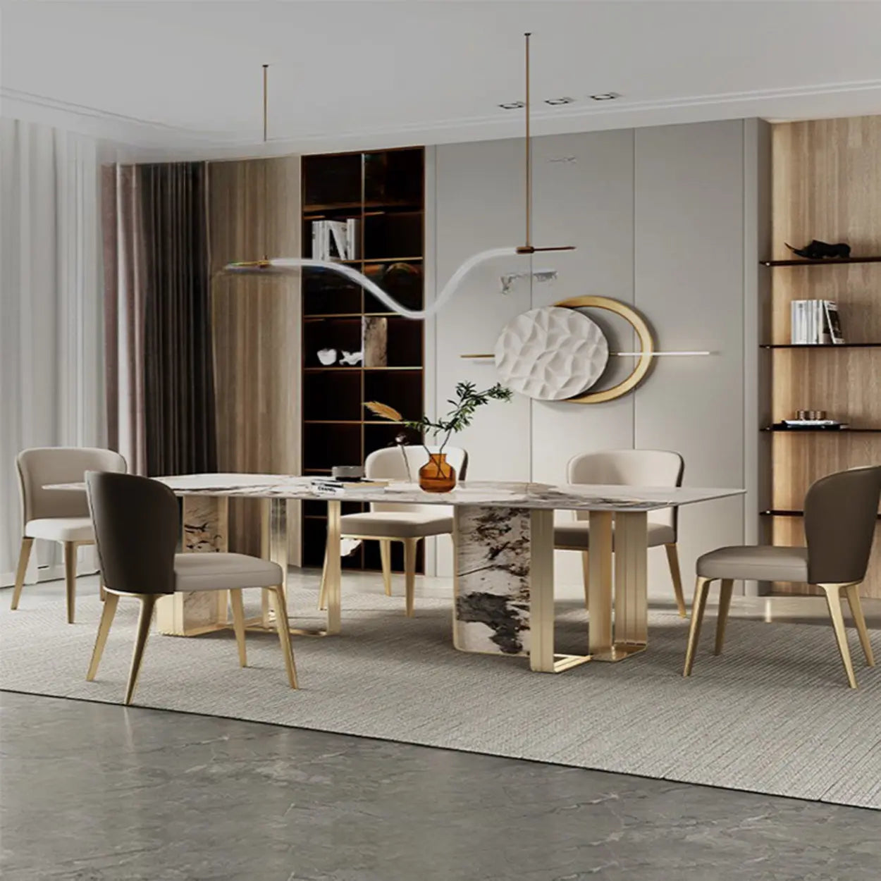 Modern Luxury Stone Gold Pedestal Dining Table — Table Only