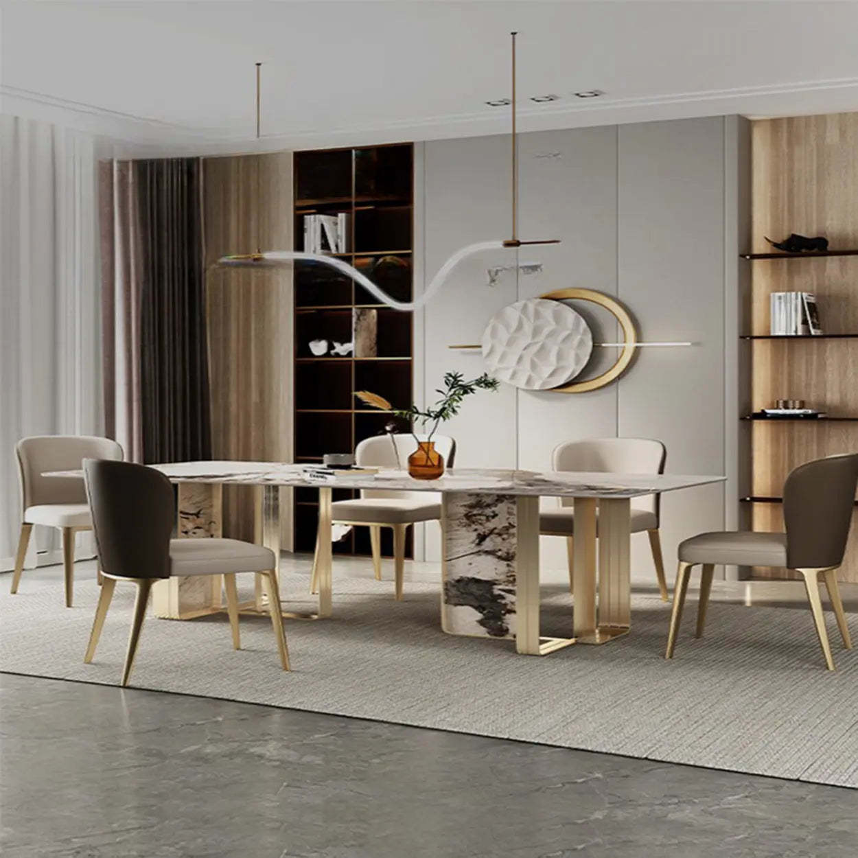 Modern Luxury Stone Gold Pedestal Dining Table — Table Only