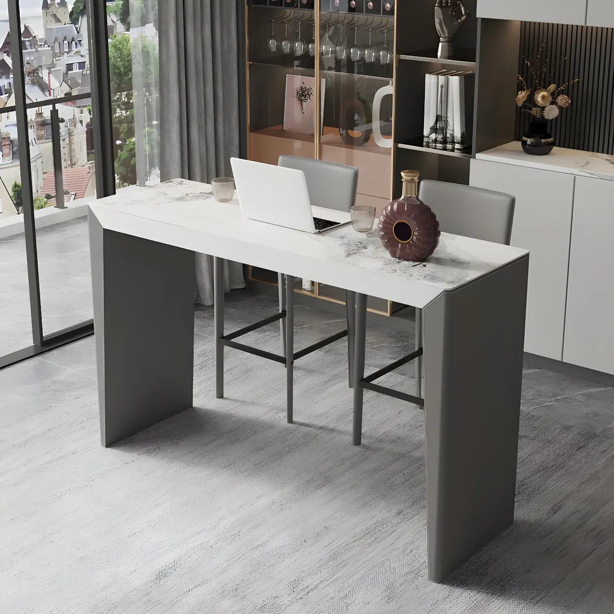 Modern Marble Counter Height Bar Table with Gray Base — Table Only