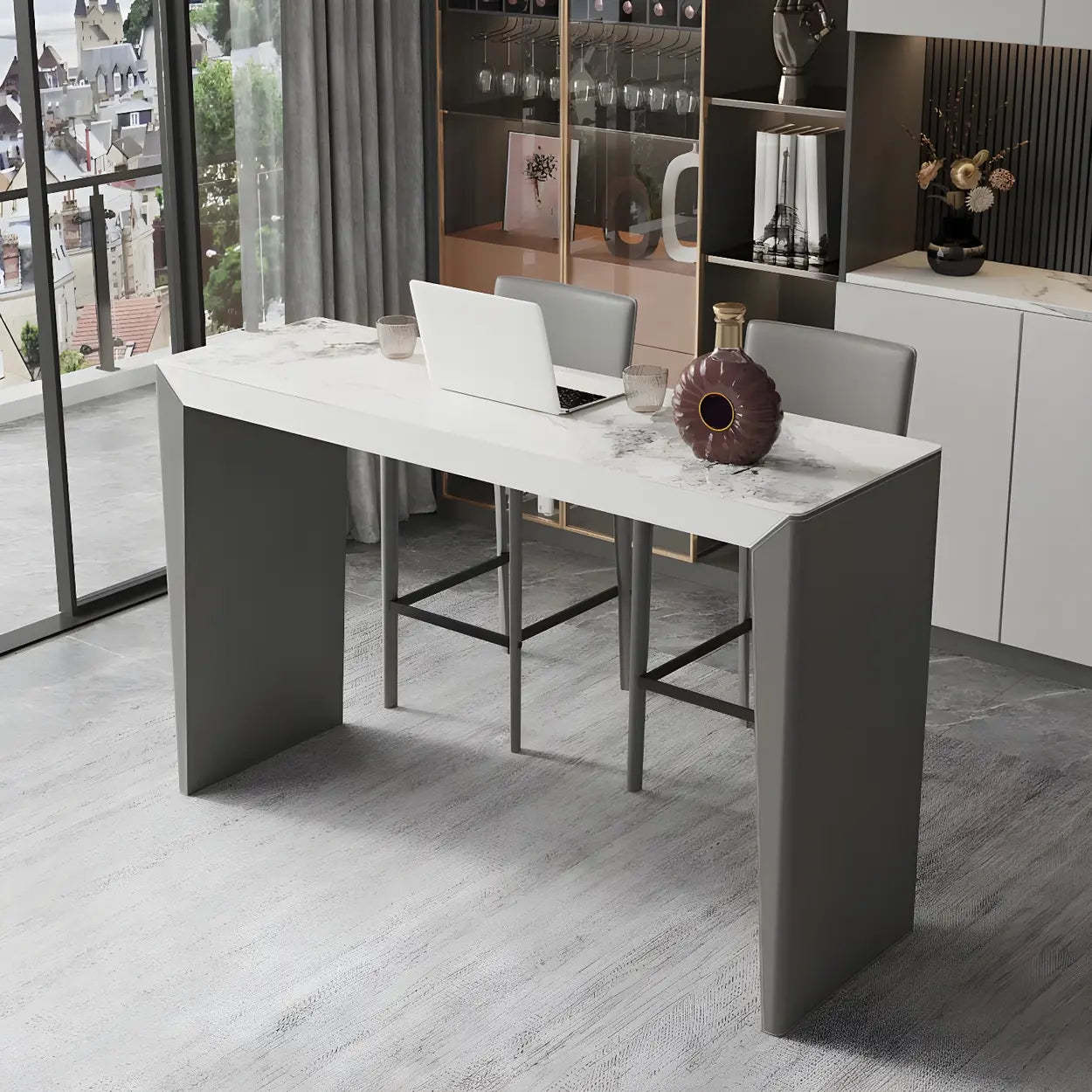 Modern Marble Counter Height Bar Table with Gray Base — Table Only