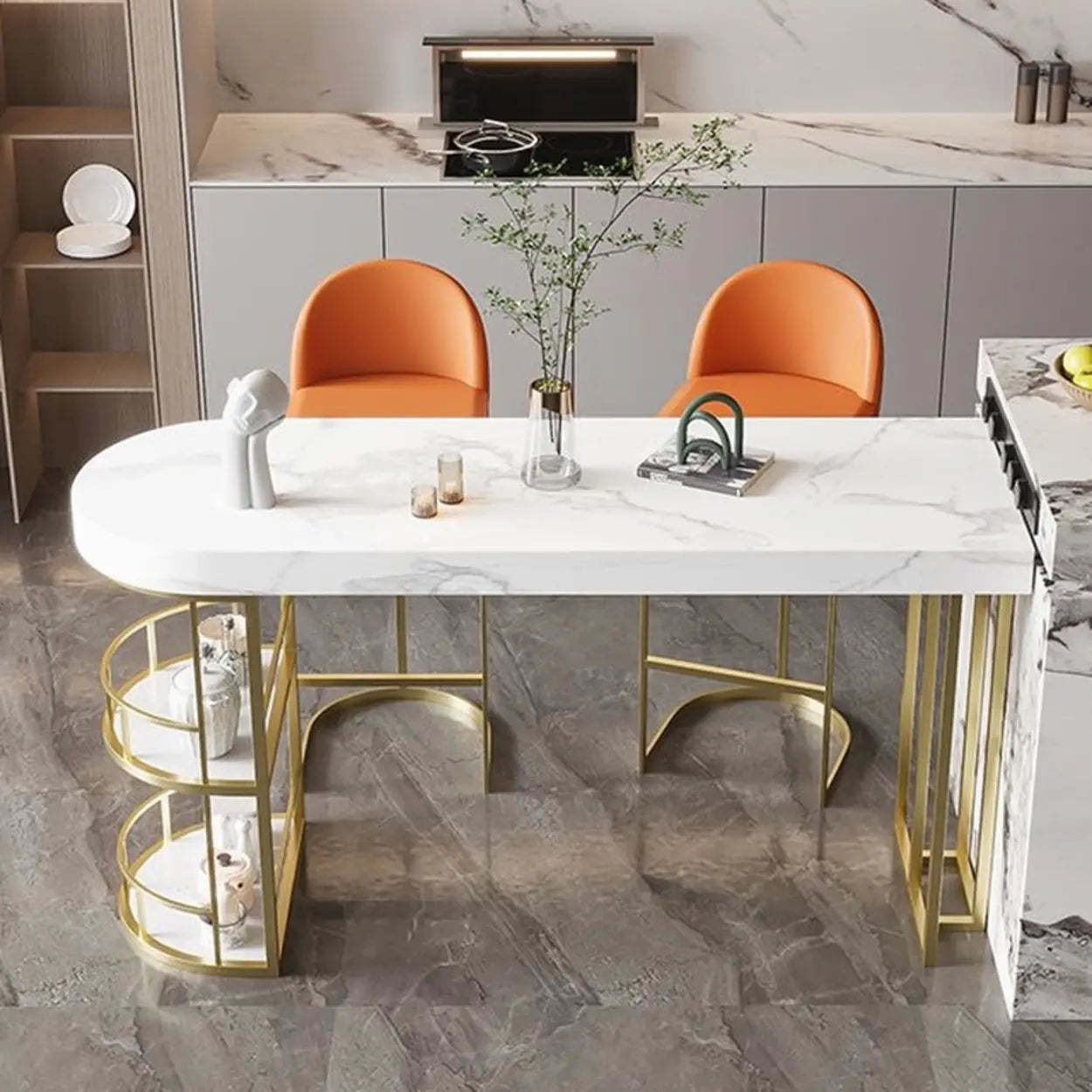 Marble and Gold Kitchen Island Table with Storage — Table Only